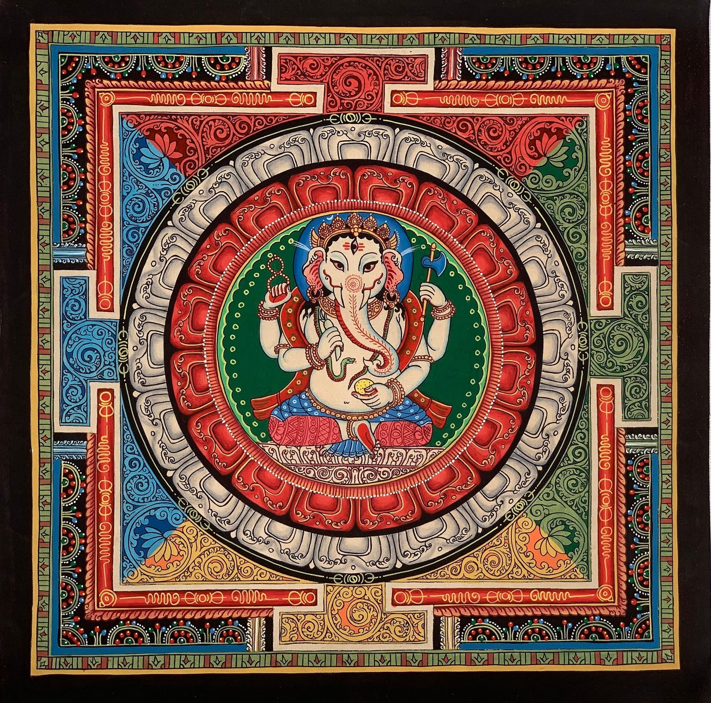 4 Armed Ganesha Ganapati, Vinayaka, in Sriyantra, Newari Pauba, Thangka Painting