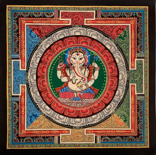 4 Armed Ganesha Ganapati, Vinayaka, in Sriyantra,  Newari Pauba, Thangka Painting