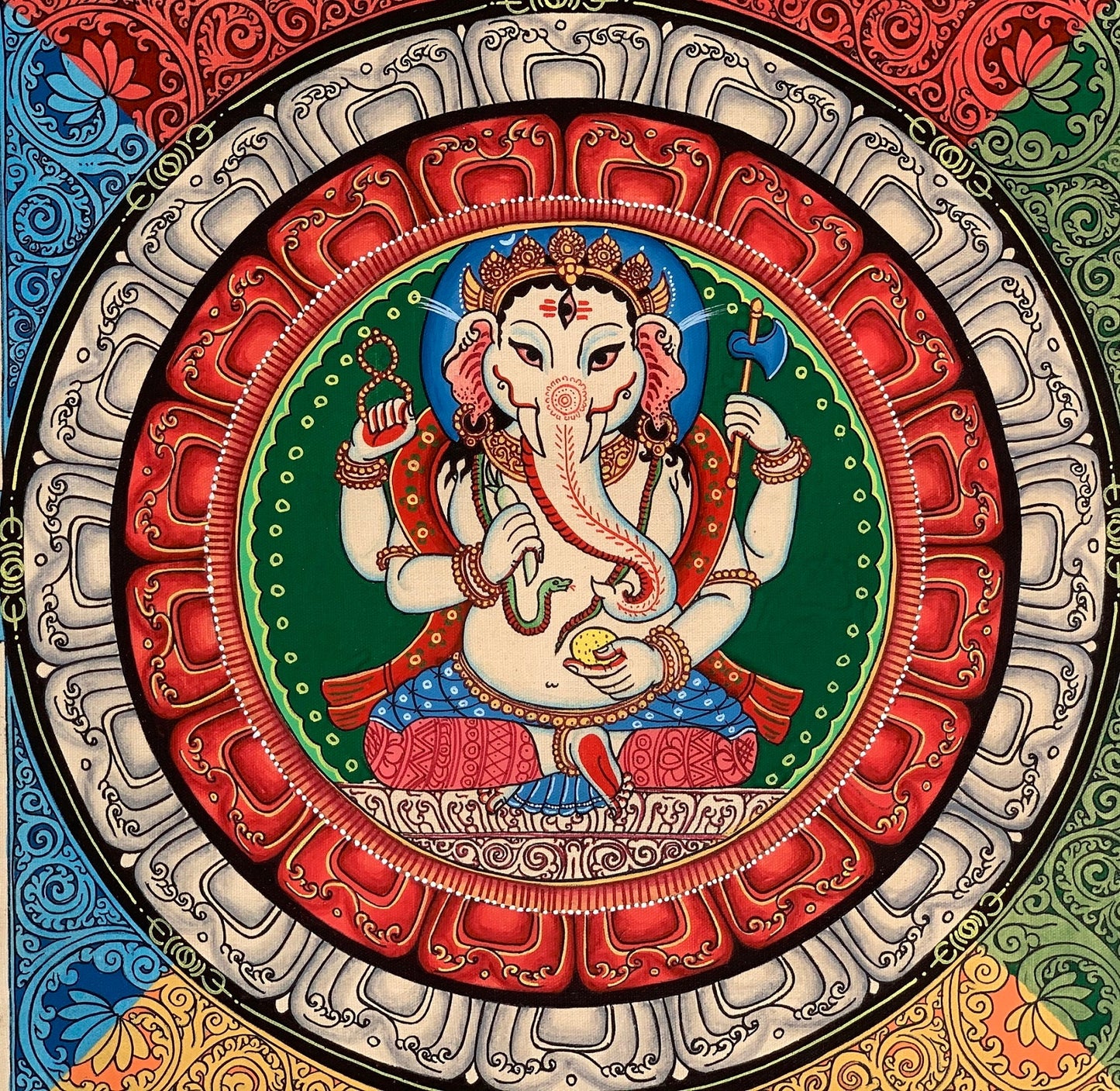 4 Armed Ganesha Ganapati, Vinayaka, in Sriyantra,  Newari Pauba, Thangka Painting