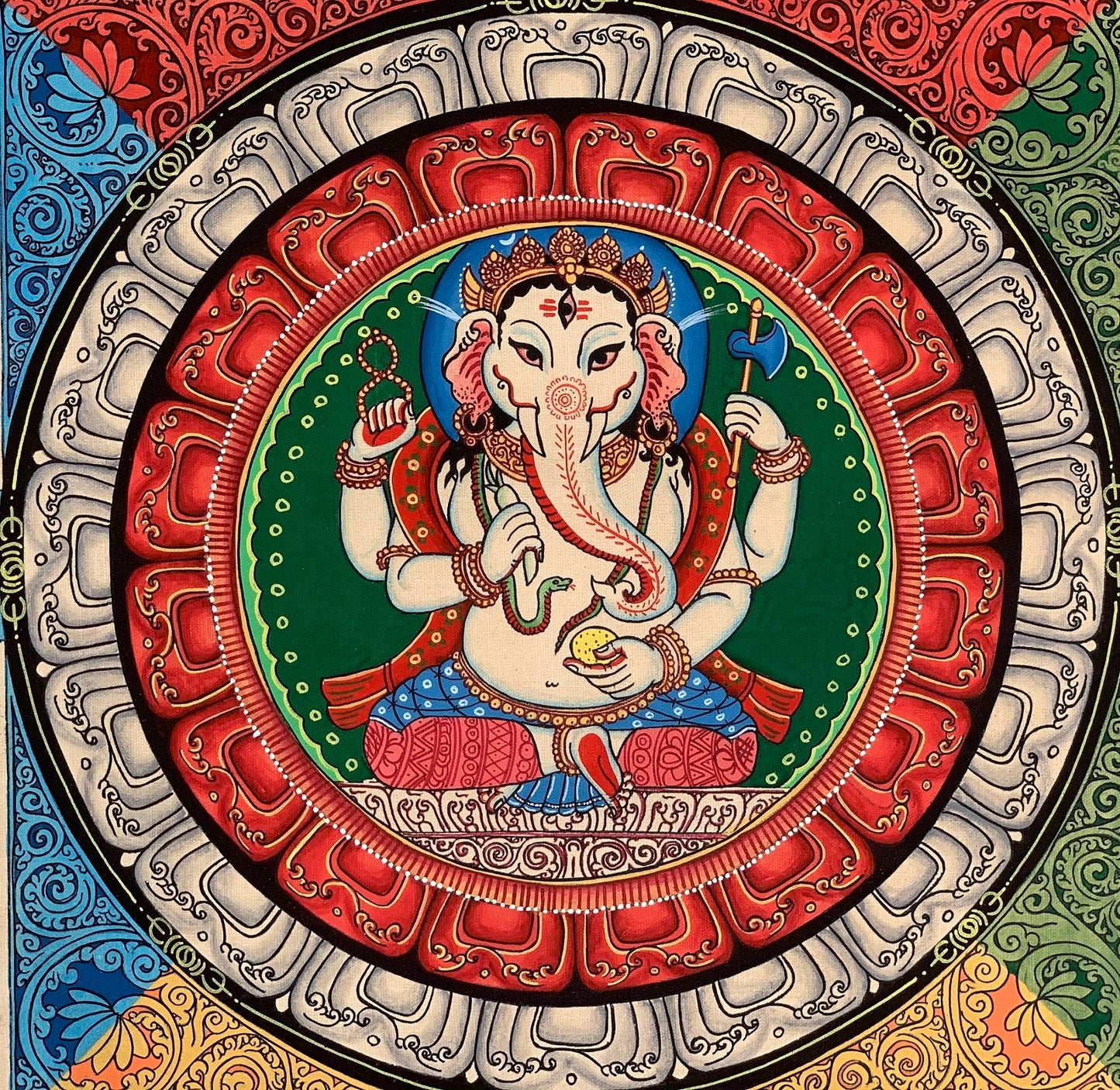 4 Armed Ganesha Ganapati, Vinayaka, in Sriyantra, Newari Pauba, Thangka Painting