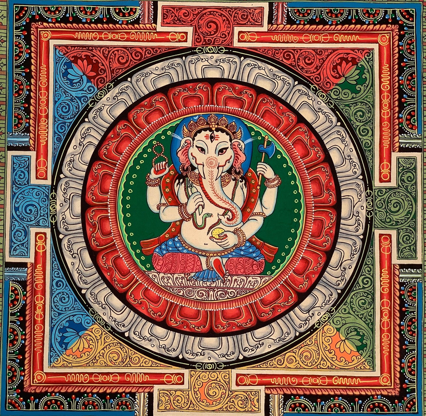 4 Armed Ganesha Ganapati, Vinayaka, in Sriyantra, Newari Pauba, Thangka Painting