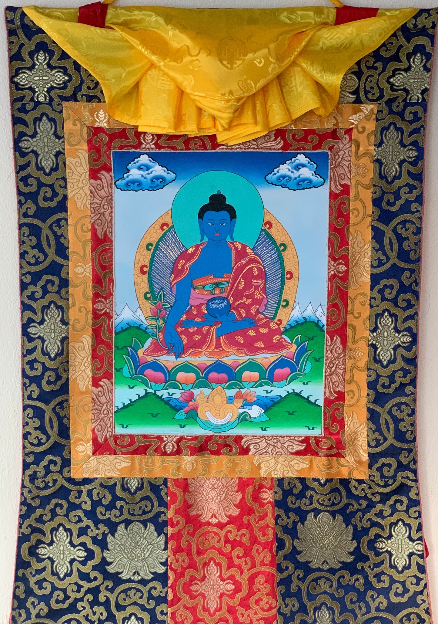 Hand-painted Medicine Buddha, God of Compassion, Healing Guru, Thangka Painting, with Silk Brocade