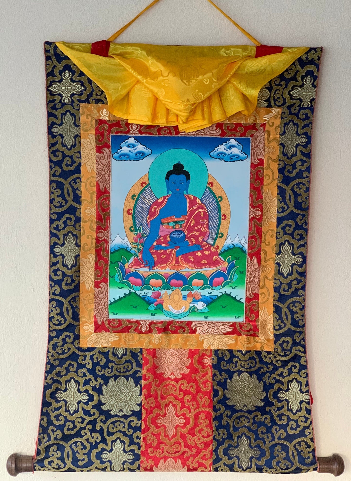 Hand-painted Medicine Buddha, God of Compassion, Healing Guru, Thangka Painting, with Silk Brocade