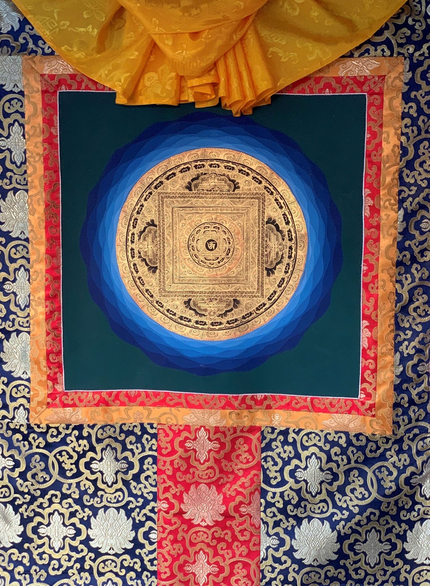 Hand-painted OM Mantra Mandala, Thangka Painting, Bordered with Silk 29 x 43-Inch