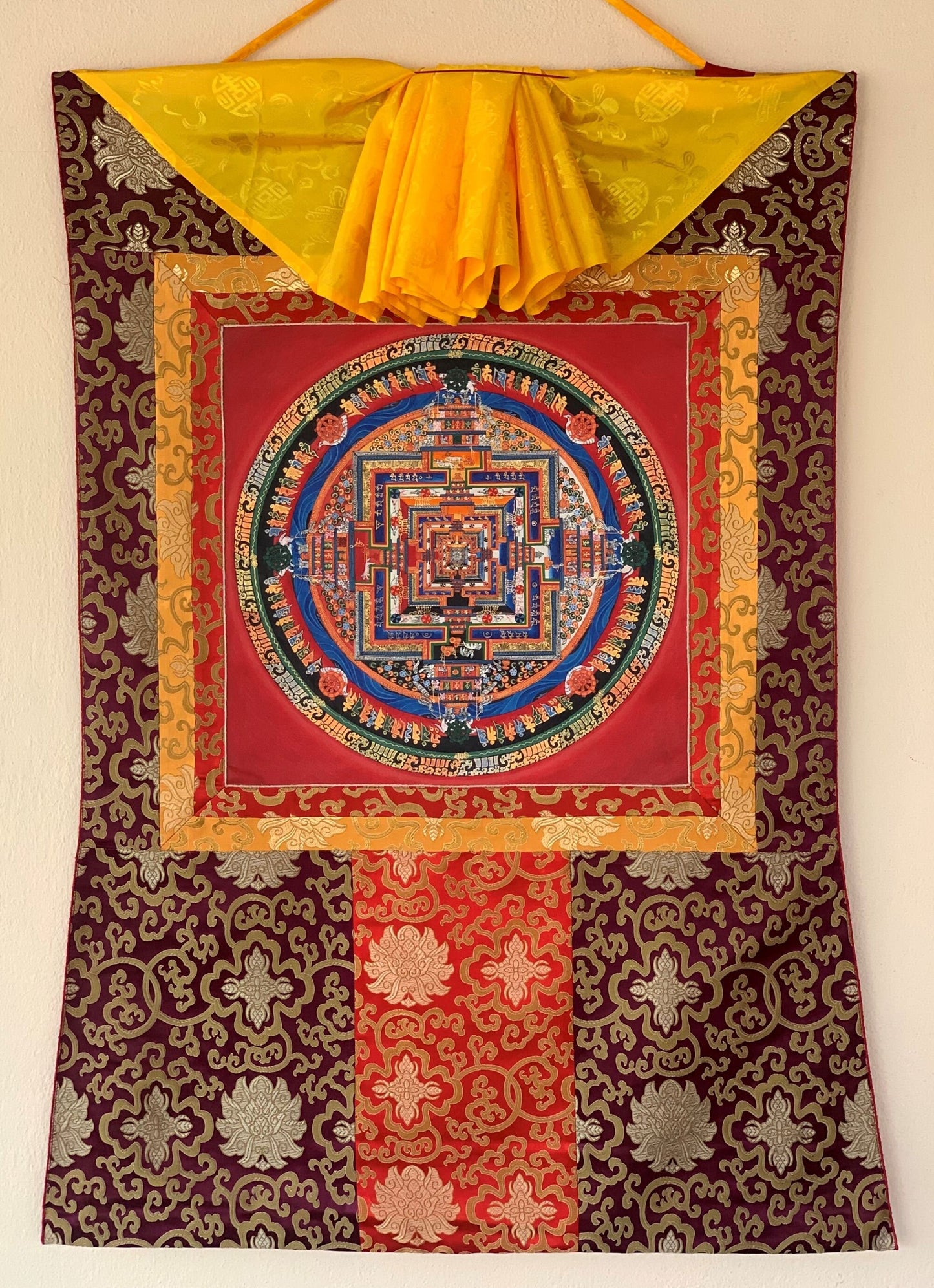 Original Hand-painted Kalachakra Mandala Wheel of Life Tibetan Thangka Painting with Silk Brocade