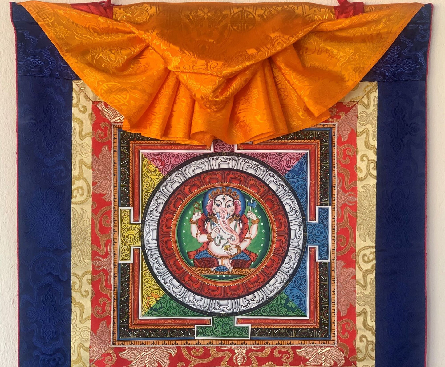4 Armed Ganesha Ganapati, with Sriyantra, Newari Pauba, Thangka, Painting with Silk Brocade