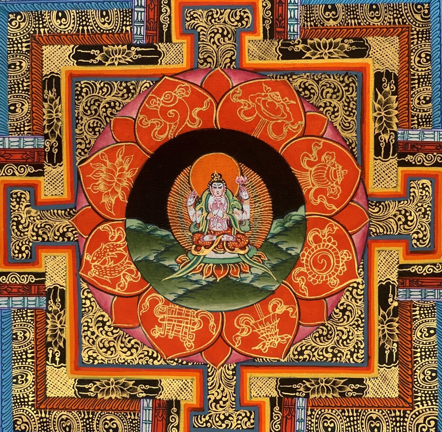 Original Hand-painted Buddha Astamangala 24 Karat Gold Masterpiece Tibetan Thangka Painting for Meditation with Silk Brocade