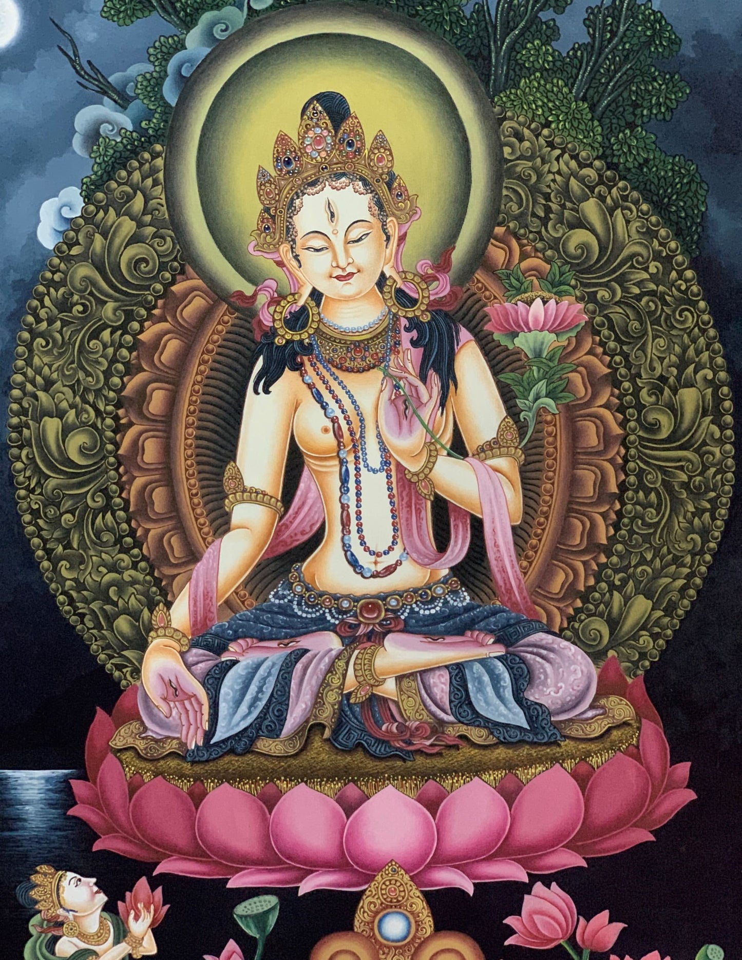Original Hand-Painted High Quality Masterpiece White Tara/ Mother Tara Goddess Traditional Newari Paubha/ Pauva/ Thangka Painting