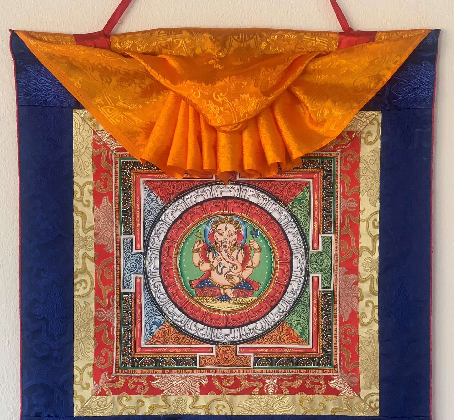 4 Armed Ganesha Ganapati, with Sriyantra, Newari Pauba, Thangka, Painting with Silk Brocade