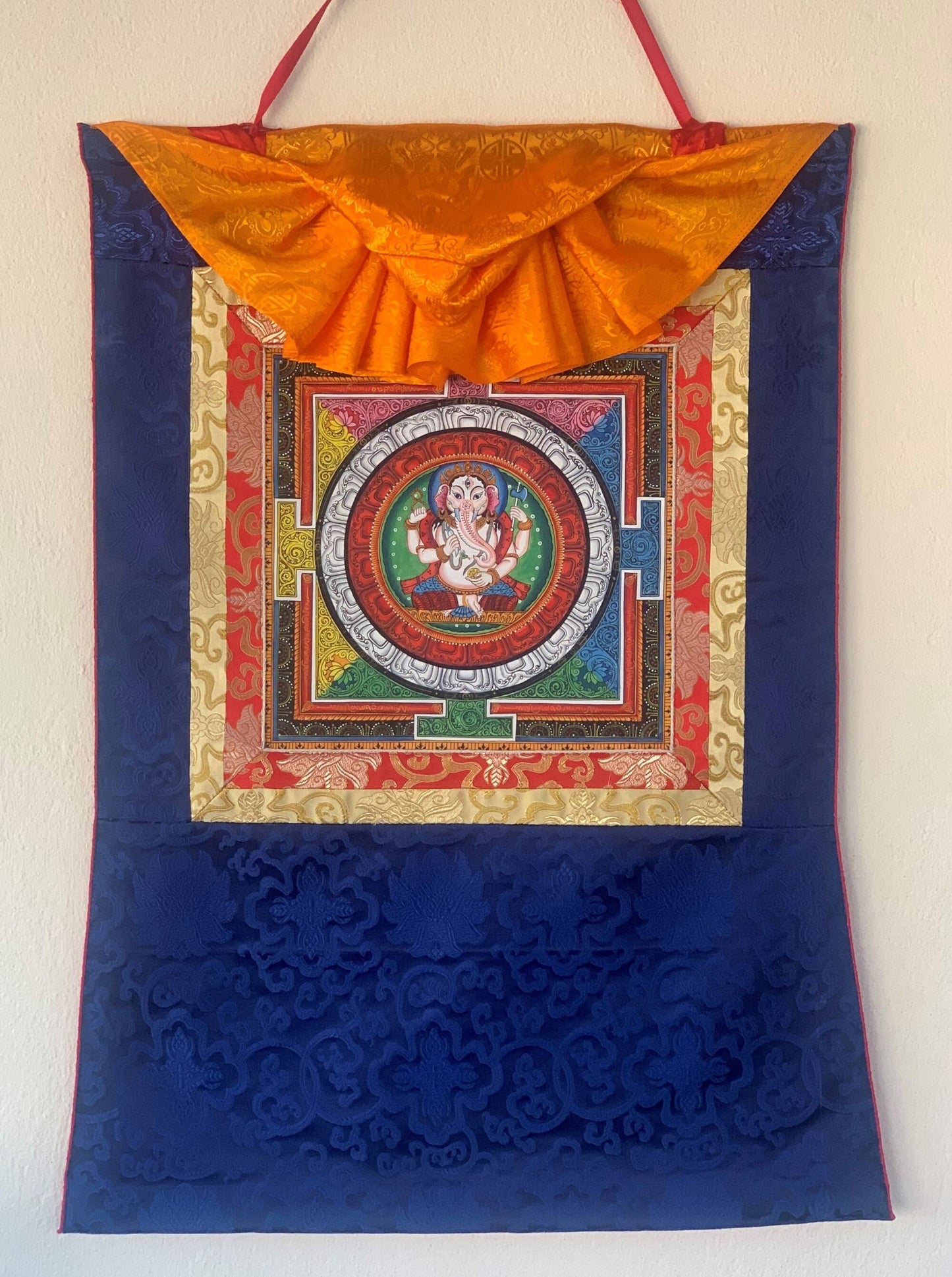 4 Armed Ganesha Ganapati, with Sriyantra,  Newari Pauba, Thangka, Painting with Silk Brocade