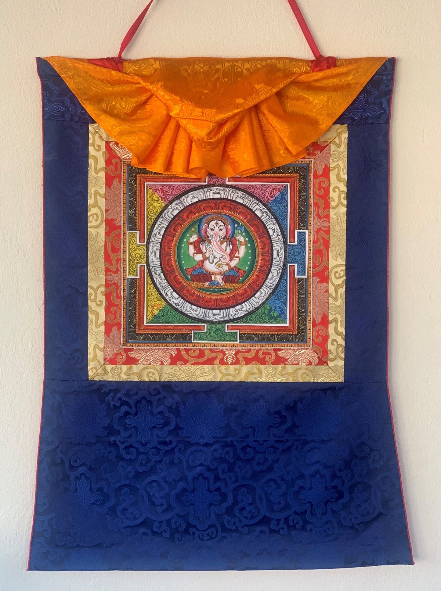 4 Armed Ganesha Ganapati, with Sriyantra, Newari Pauba, Thangka, Painting with Silk Brocade