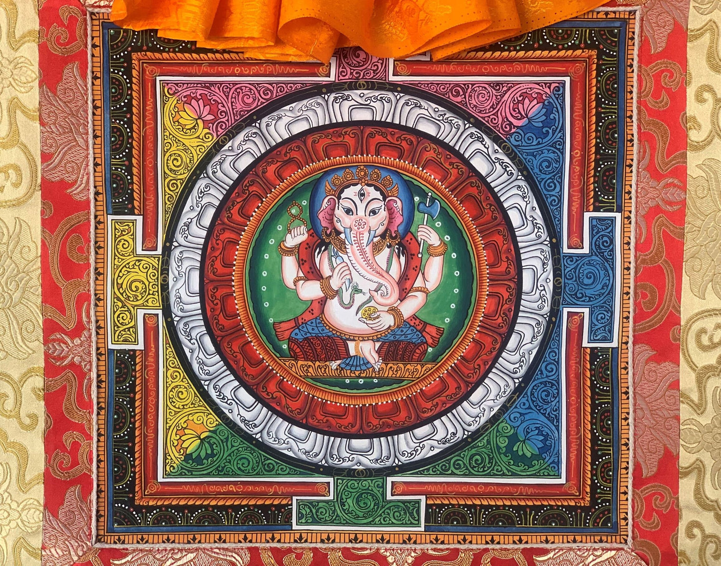 4 Armed Ganesha Ganapati, with Sriyantra, Newari Pauba, Thangka, Painting with Silk Brocade