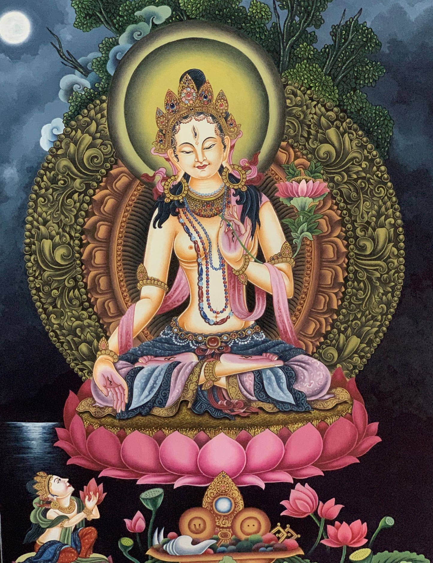 Original Hand-Painted High Quality Masterpiece White Tara/ Mother Tara Goddess Traditional Newari Paubha/ Pauva/ Thangka Painting