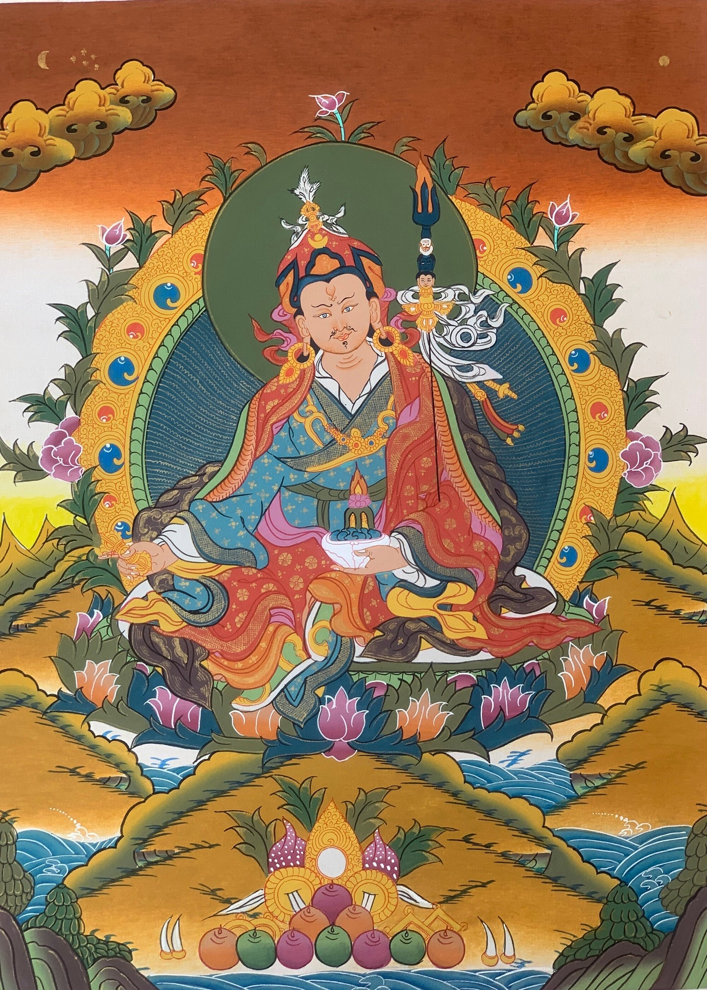 Hand-painted Padmasambhava, Guru Rinpoche, Tantric Buddha, Tibetan Thangka Painting 16x22-Inch