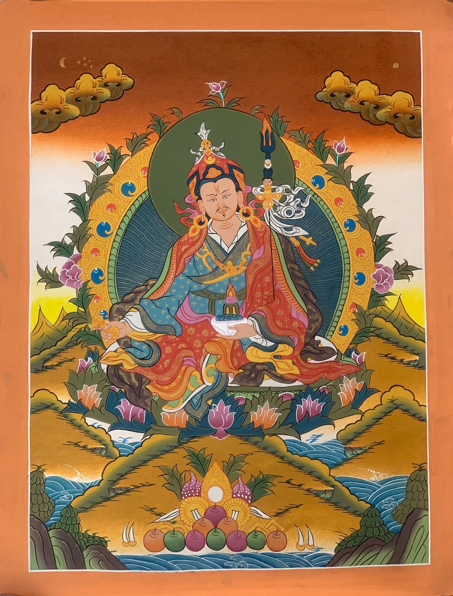 Hand-painted Padmasambhava, Guru Rinpoche, Tantric Buddha, Tibetan Thangka Painting 16x22-Inch