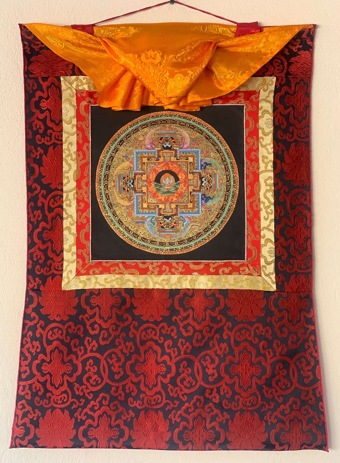 Original Hand-painted Buddha Astamangala 24 Karat Gold Masterpiece Tibetan Thangka Painting for Meditation with Silk Brocade