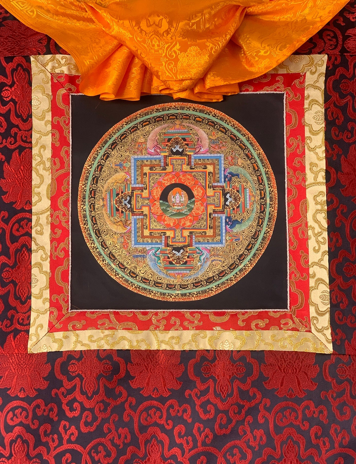 Original Hand-painted Buddha Astamangala 24 Karat Gold Masterpiece Tibetan Thangka Painting for Meditation with Silk Brocade