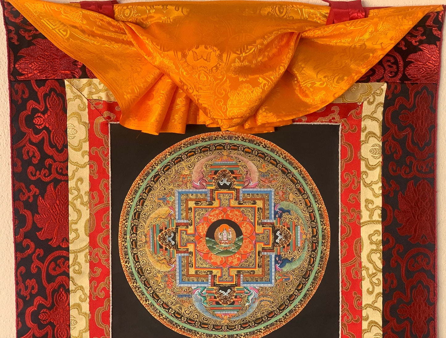 Original Hand-painted Buddha Astamangala 24 Karat Gold Masterpiece Tibetan Thangka Painting for Meditation with Silk Brocade
