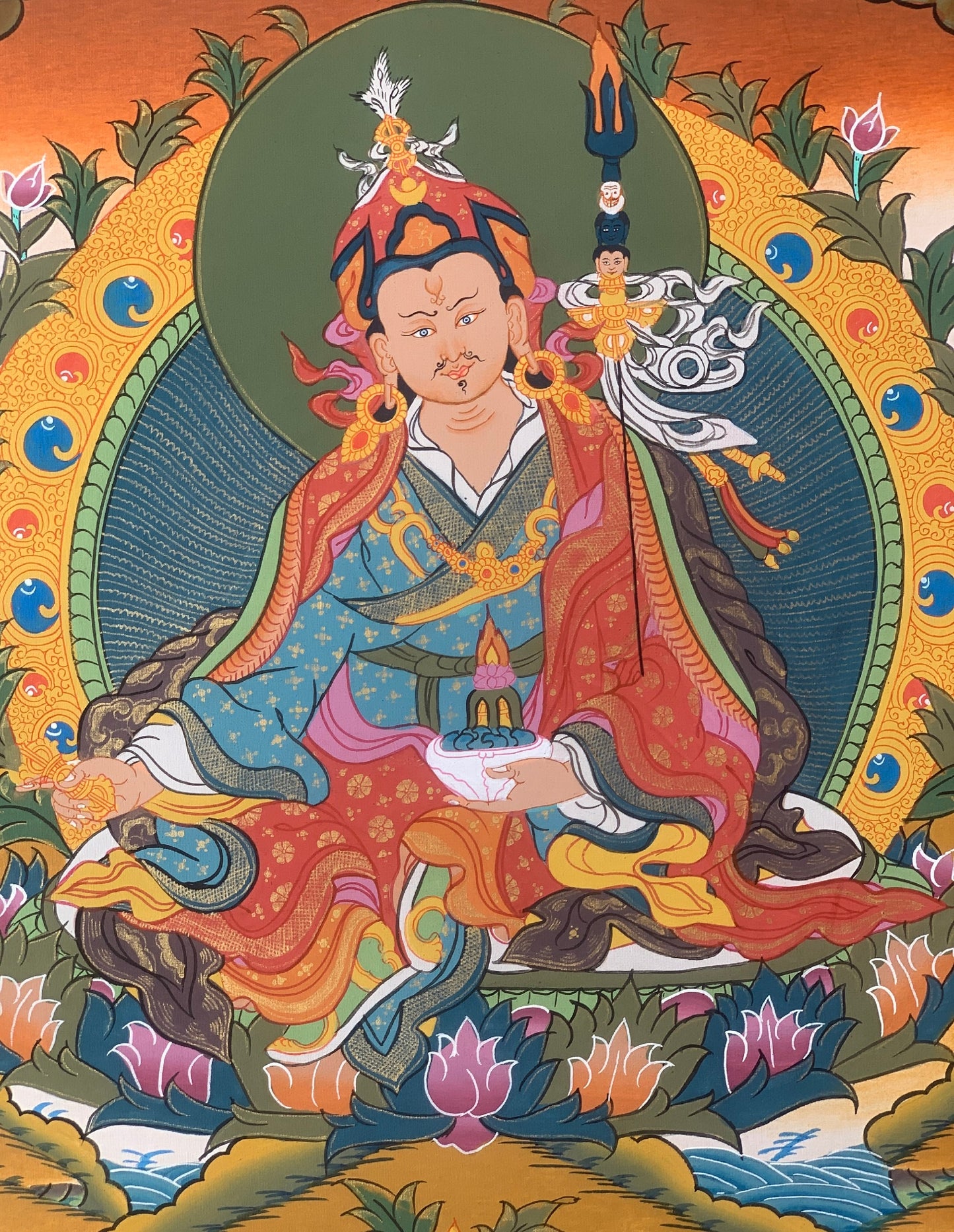 Hand-painted Padmasambhava, Guru Rinpoche, Tantric Buddha, Tibetan Thangka Painting 16x22-Inch