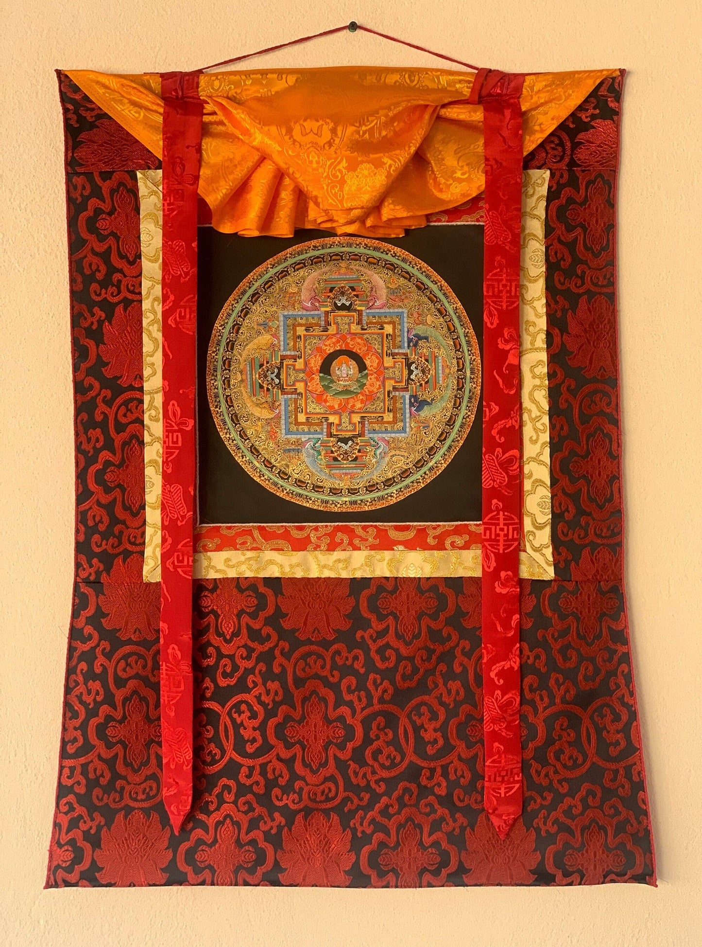 Original Hand-painted Buddha Astamangala 24 Karat Gold Masterpiece Tibetan Thangka Painting for Meditation with Silk Brocade