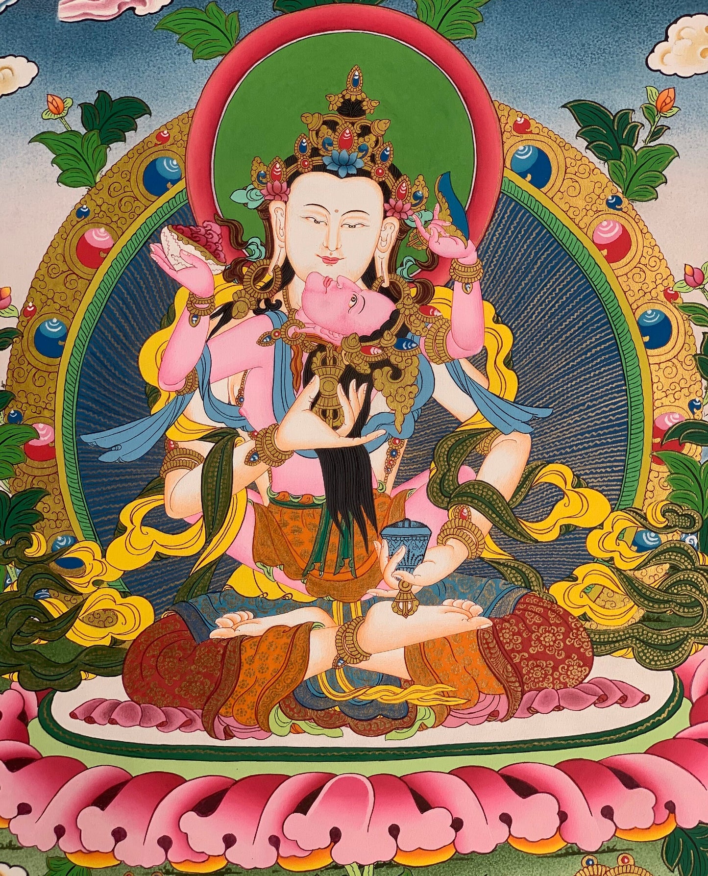 Hand-painted, Vajrayana, Vajrasattva Shakti, Yab, Yum, Thangka Painting, 18 x 24-inch