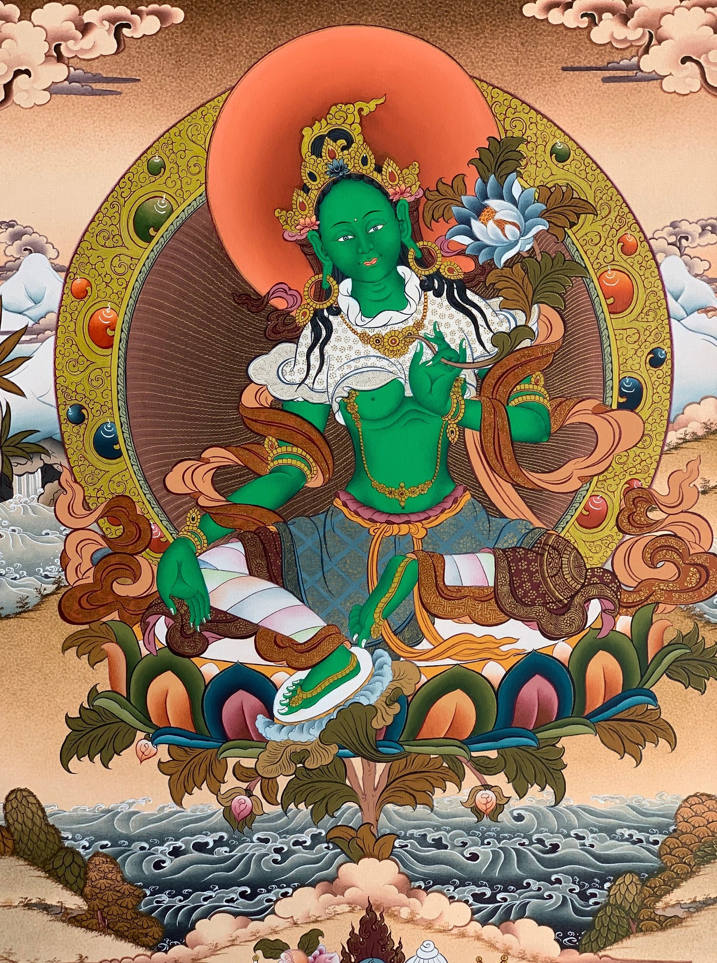 Original Hand painted Green Tara Goddess of Compassion 24 K Gold Masterpiece Tibetan Thangka /Thanka Painting/Wall Hanging From Nepal