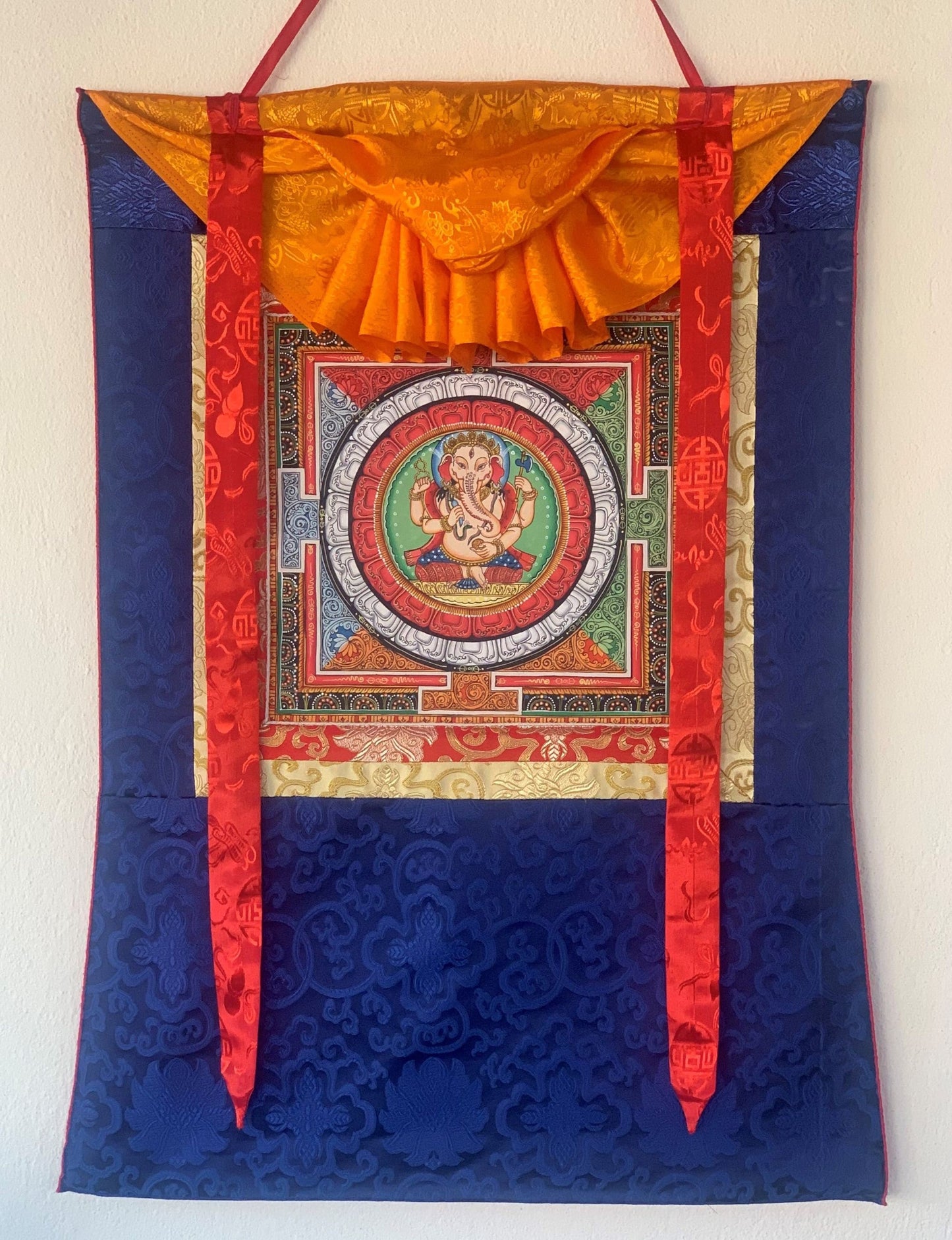 4 Armed Ganesha Ganapati, with Sriyantra, Newari Pauba, Thangka, Painting with Silk Brocade