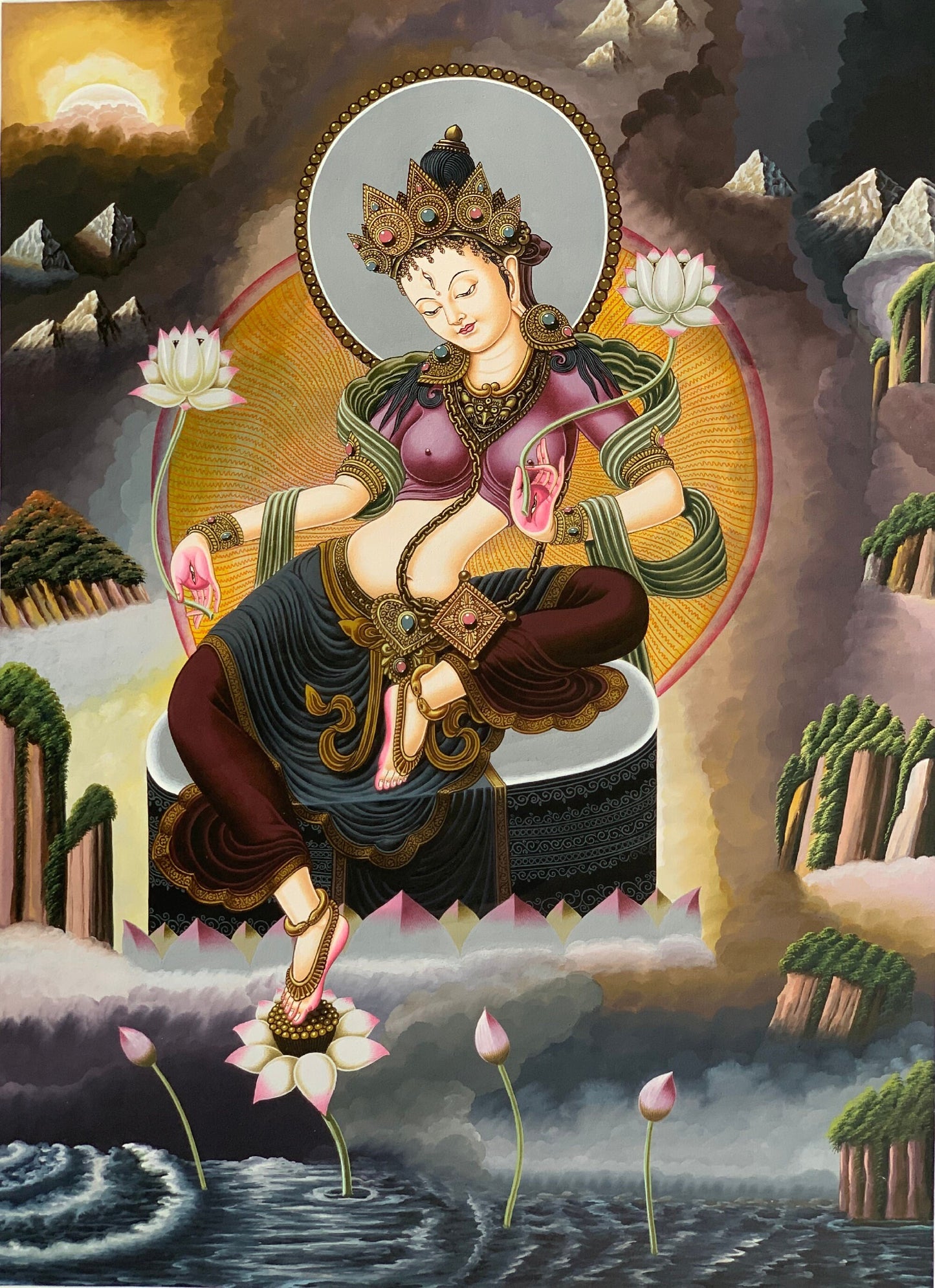 Original Hand-Painted High Quality Masterpiece Goddess White Tara/ Mother Tara Traditional Newari Paubha/ Pauva/ Thangka Painting