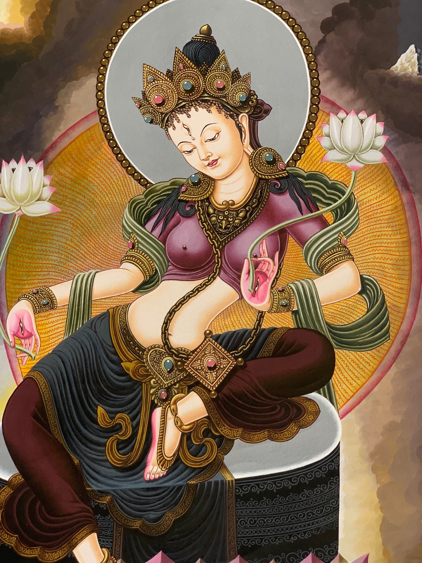 Original Hand-Painted High Quality Masterpiece Goddess White Tara/ Mother Tara Traditional Newari Paubha/ Pauva/ Thangka Painting