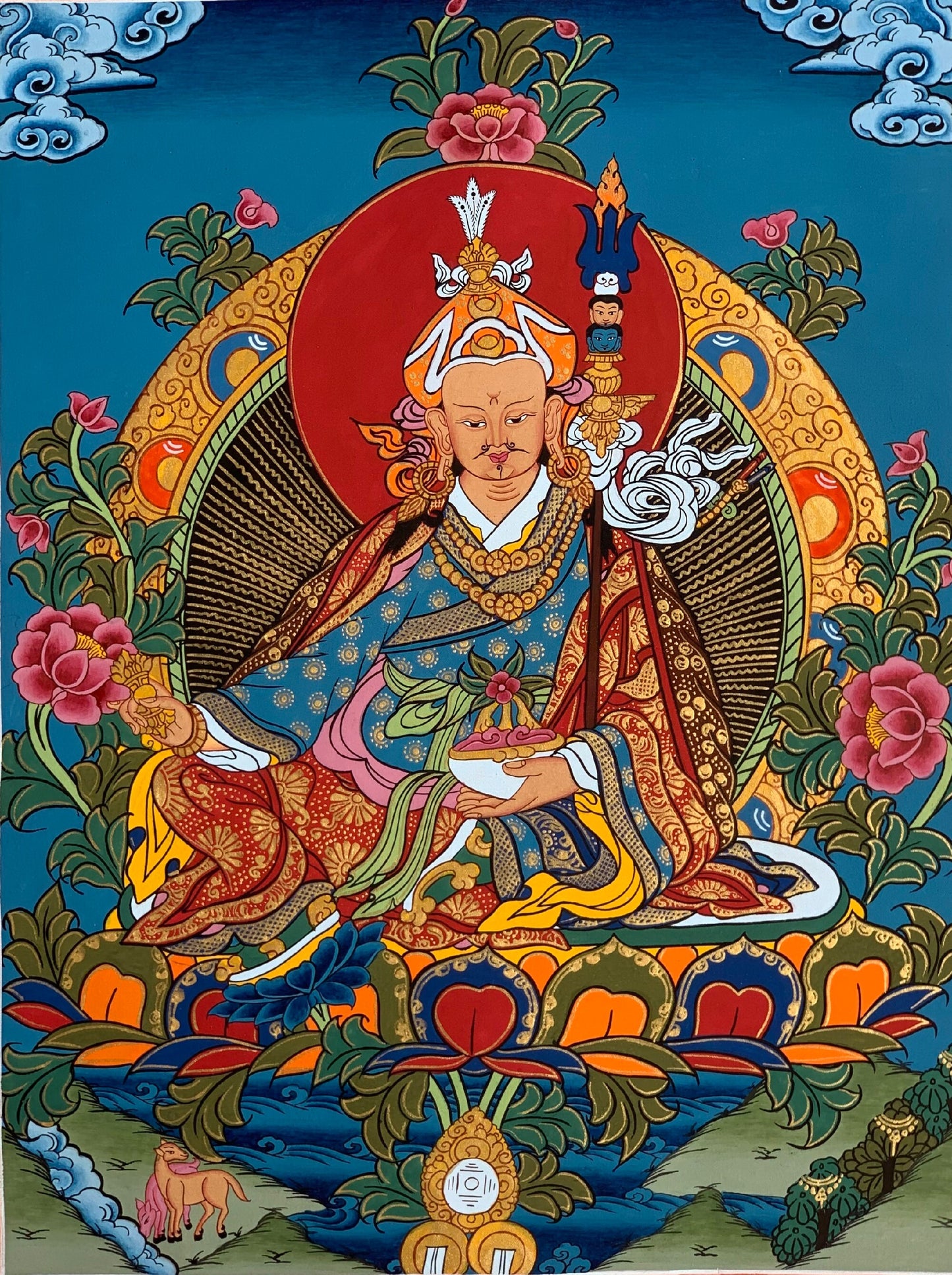 Hand-painted Padmasambhava, Guru Rinpoche, Tibetan Thangka Painting, Buddhist Art with Silk Brocade