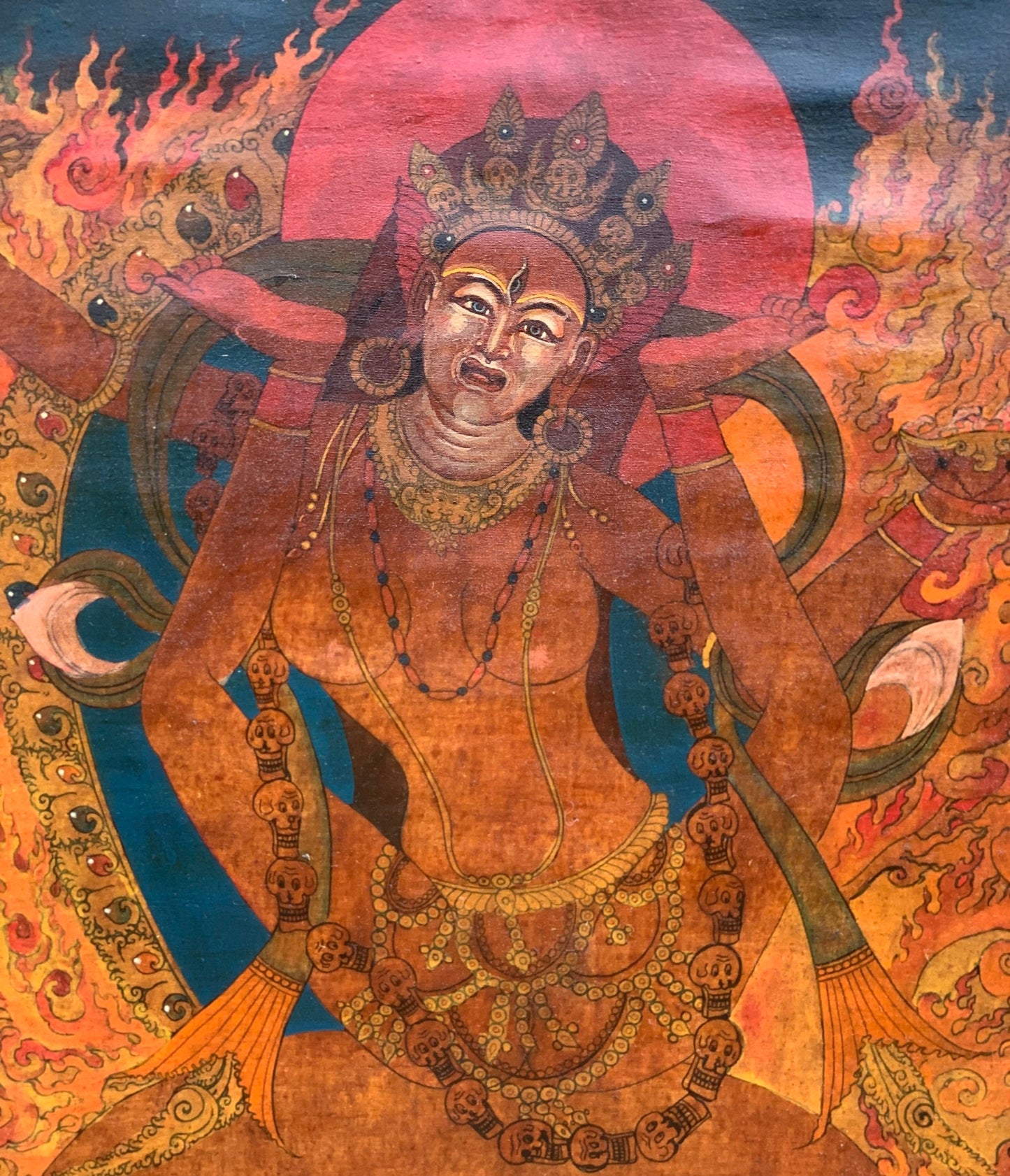 Exquisite Original Hand-Painted Vajrayogini Yogini/ Jogini:  Timeless Old Oil-Varnished Newari Paubha/Pauva Thangka Painting from Nepal