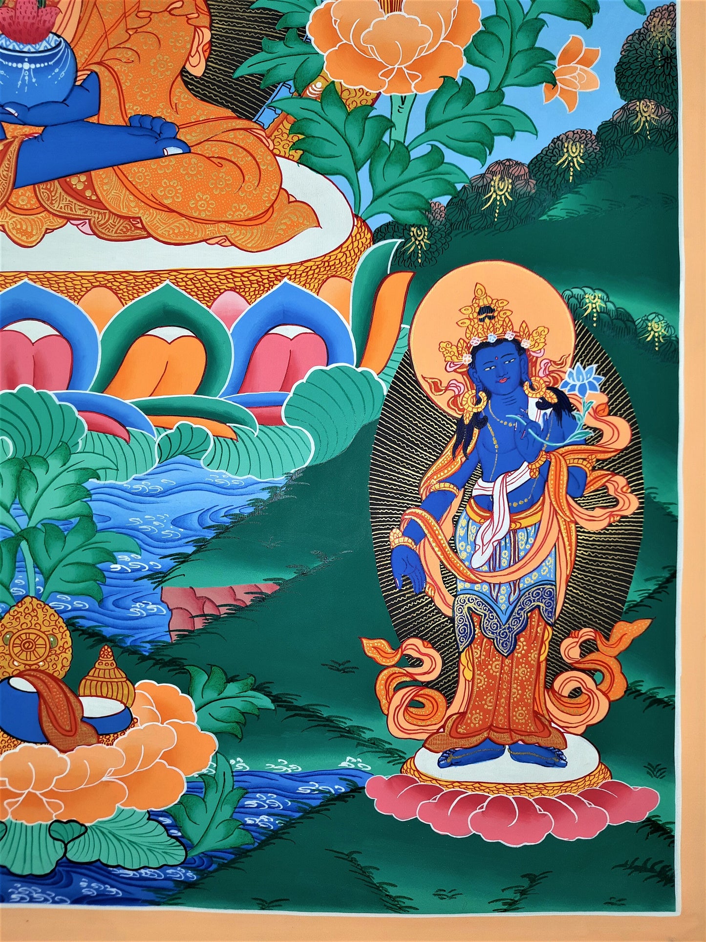 Hand-painted MEDICINE BUDDHA, Bhaisajyaguru, Buddha of Healing and Meditation, Thangka, 20 x 28-Inch