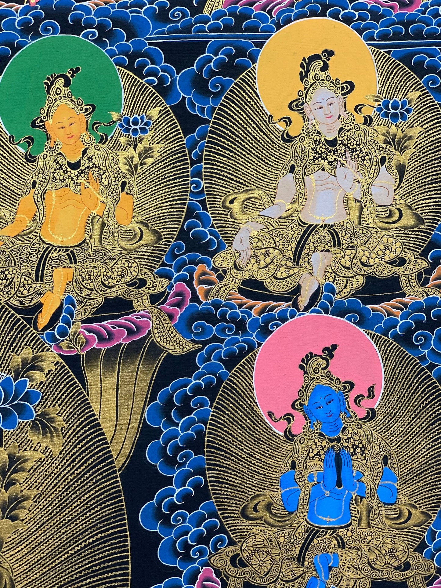 Hand-painted, 21 Green Tara, Shyamatara, 24K Gold, Large, Masterpiece, Thangka Painting, 23 x 48-Inch