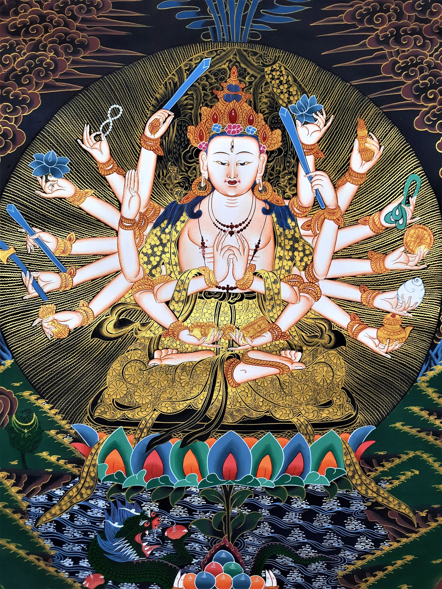 Original Hand Painted Chundi / Chandi/Cundi Goddess Tibetan Thangka Painting Compassion Meditation Art From Nepal