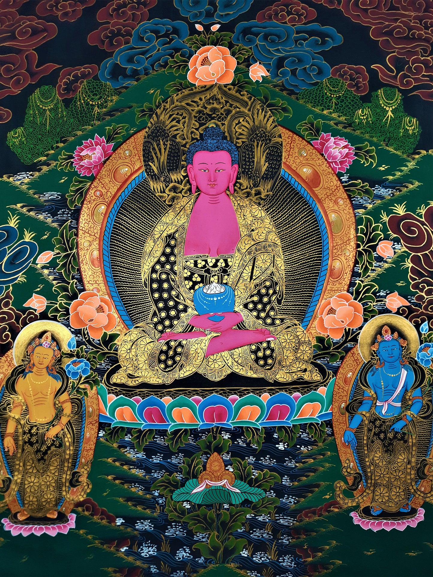 Original Hand Painted Amitabha Buddha WITH TWO BODHISATTVA Fine Work Tibetan Compassion / Meditation Thangka / Thanka Painting From Nepal