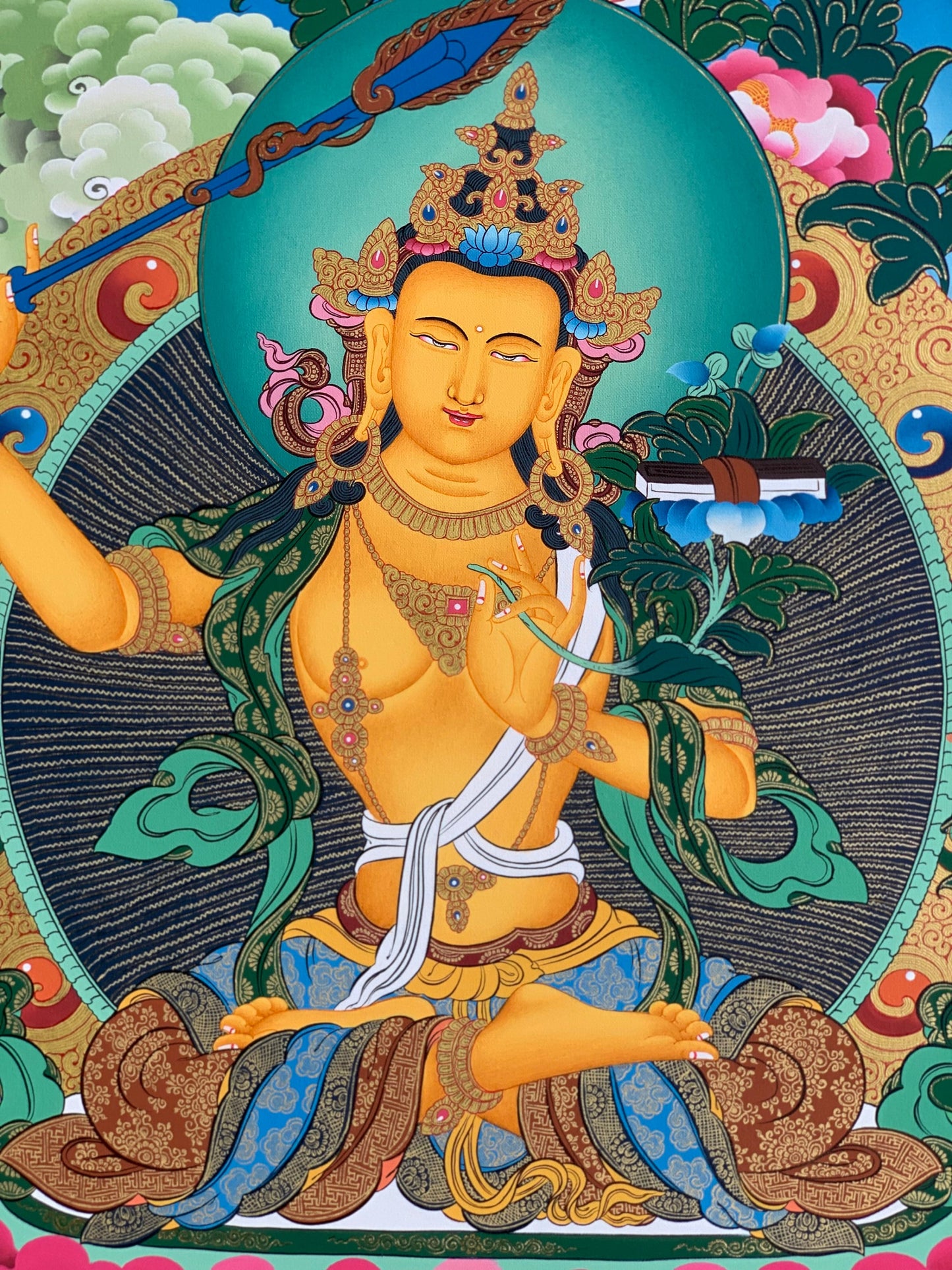 Manjusri/Manjushri/ Manjushree/ Jampelyang Bodhisattva of Wisdom 24 K Gold Original Hand-Painted Masterpiece Tibetan Thangka Painting