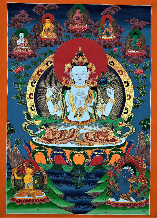Four-Armed Avalokiteshvara, Chenrezig, Chyangresi, Master Quality, Original Thangka  Painting 20 x 29-Inch