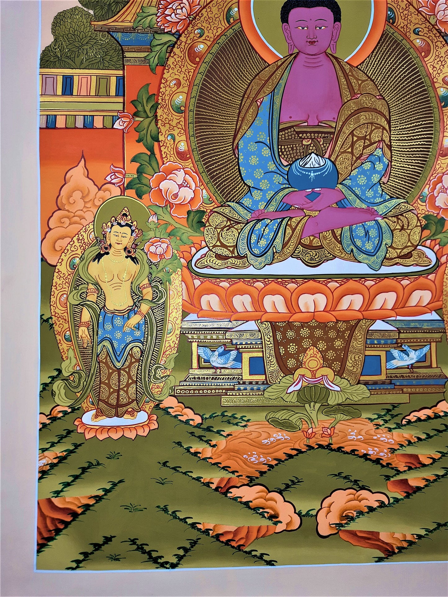 Original Hand Painted Amitabha Buddha WITH TWO BODHISATTVA Masterpiece Tibetan Compassion / Meditation Thangka / Thanka Painting From Nepal
