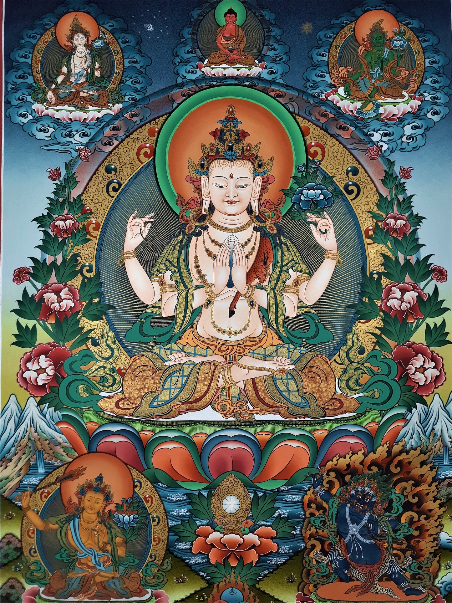 Original Hand Painted Large Chenrezig / Compassion Buddha Masterpiece 24k Gold Tibetan Wall hanging Thangka / Thanka Painting From Nepal