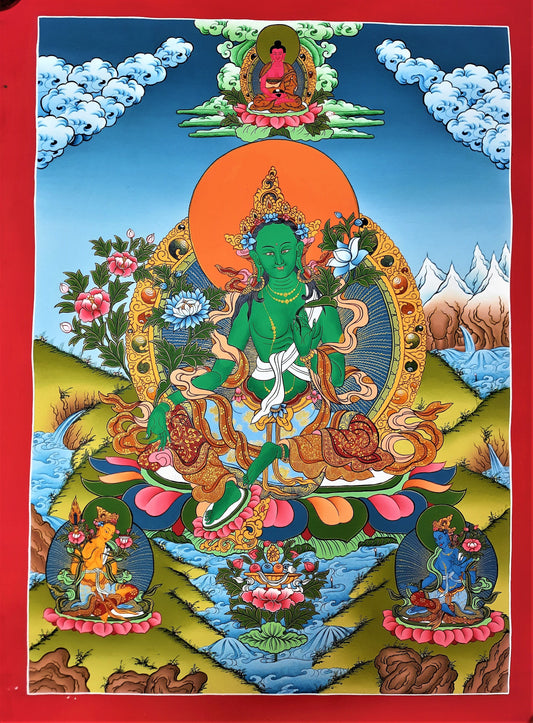 Hand painted Original Green Tara Masterpiece Wall Hanging . Meditation , Compassion Tibetan Thangka / thanka Painting From Nepal