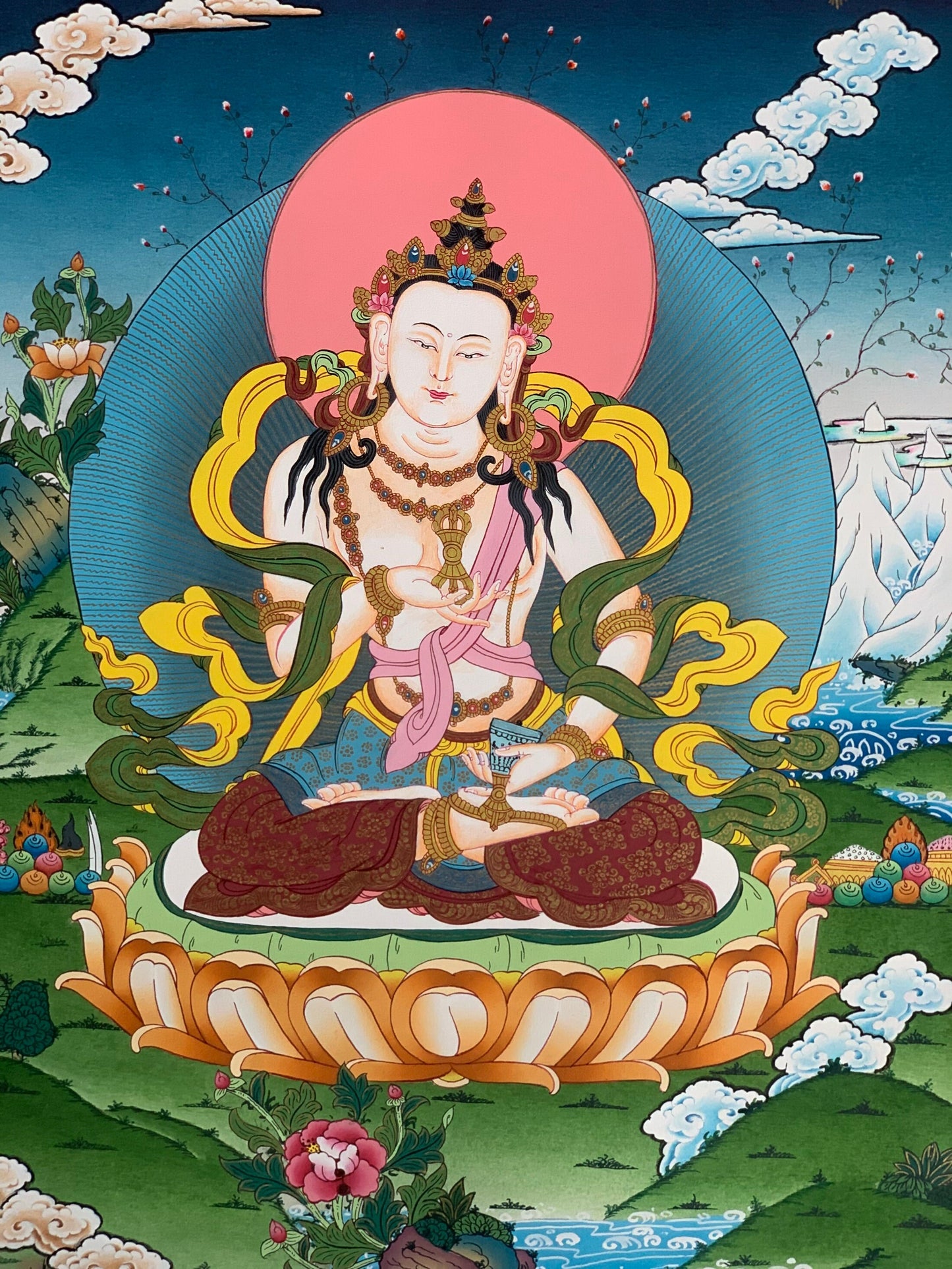 Original Hand-painted, Vajrasattva Master Quality, Thangka Painting, Compassion, Meditation Art from Nepal 18 x 24-Inch