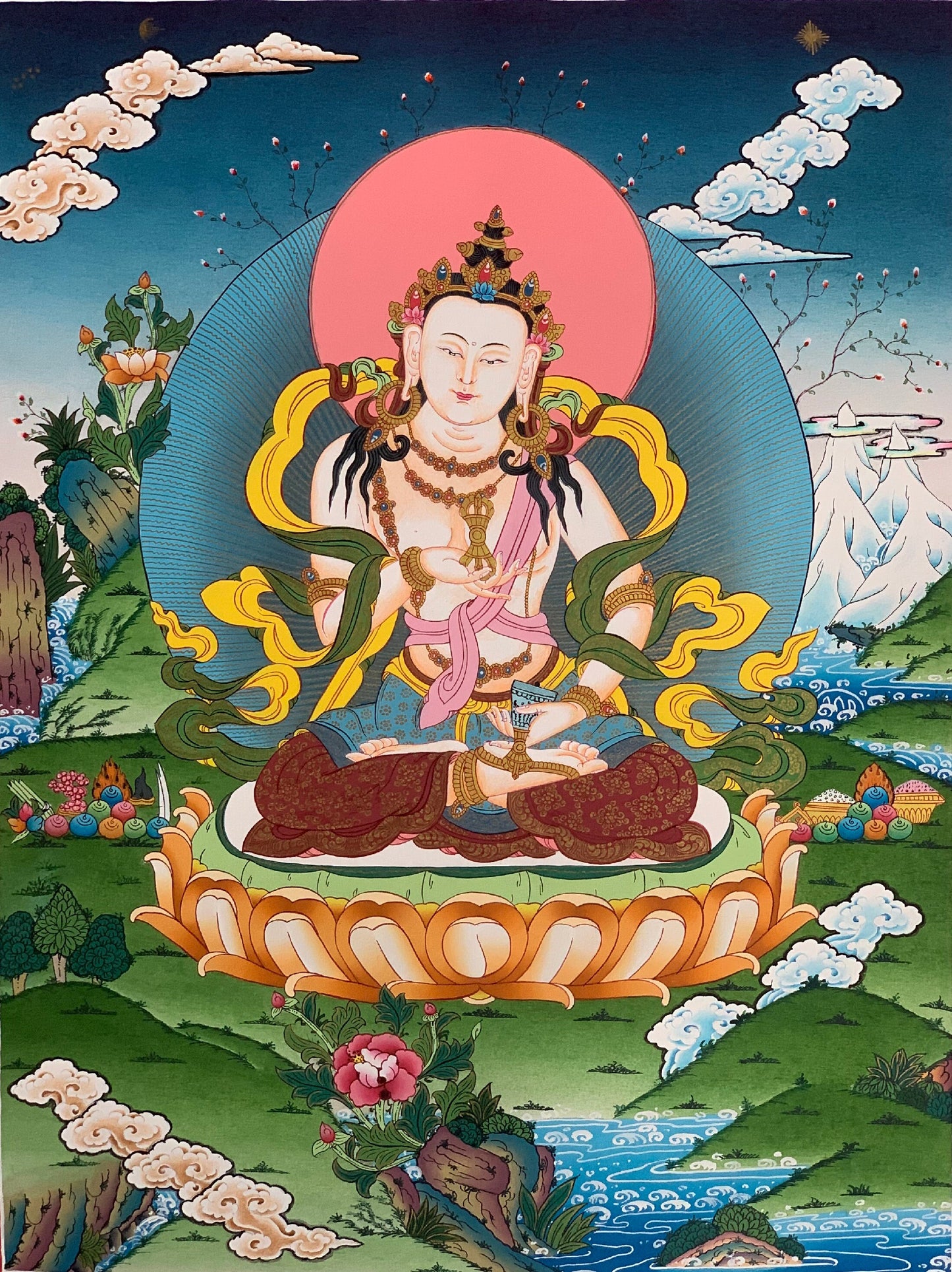 Original Hand-painted, Vajrasattva Master Quality, Thangka Painting, Compassion, Meditation Art from Nepal 18 x 24-Inch