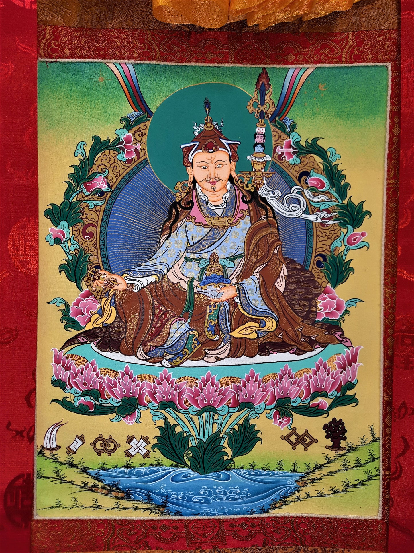 Original Hand Painted Guru Rinpoche Padmasambhava Masterpiece 24k Gold Tibetan Thangka / Thanka Painting With High Quality Silk Framed