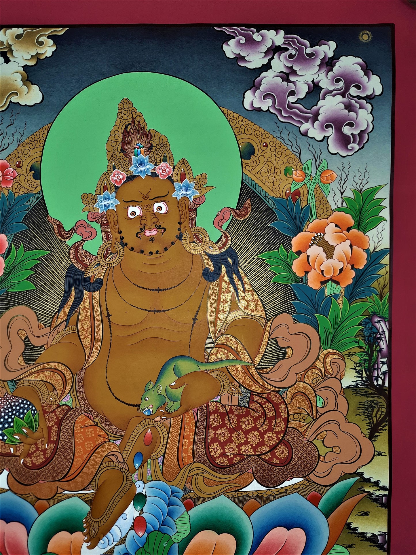 Original Hand Painted Jambhala / God Of Wealth Masterpiece 24k Gold Tibetan Compassion / Meditation Thangka / Thanka Painting From Nepal