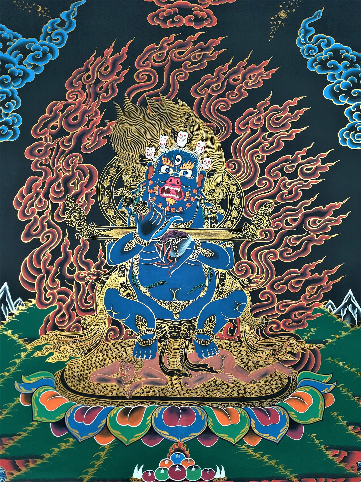 Original Hand Painted Masterpiece Two Armed Mahakala / Protector / Black-Cloaked Mahakala Tibetan Thangka / Thanka Painting From Nepal
