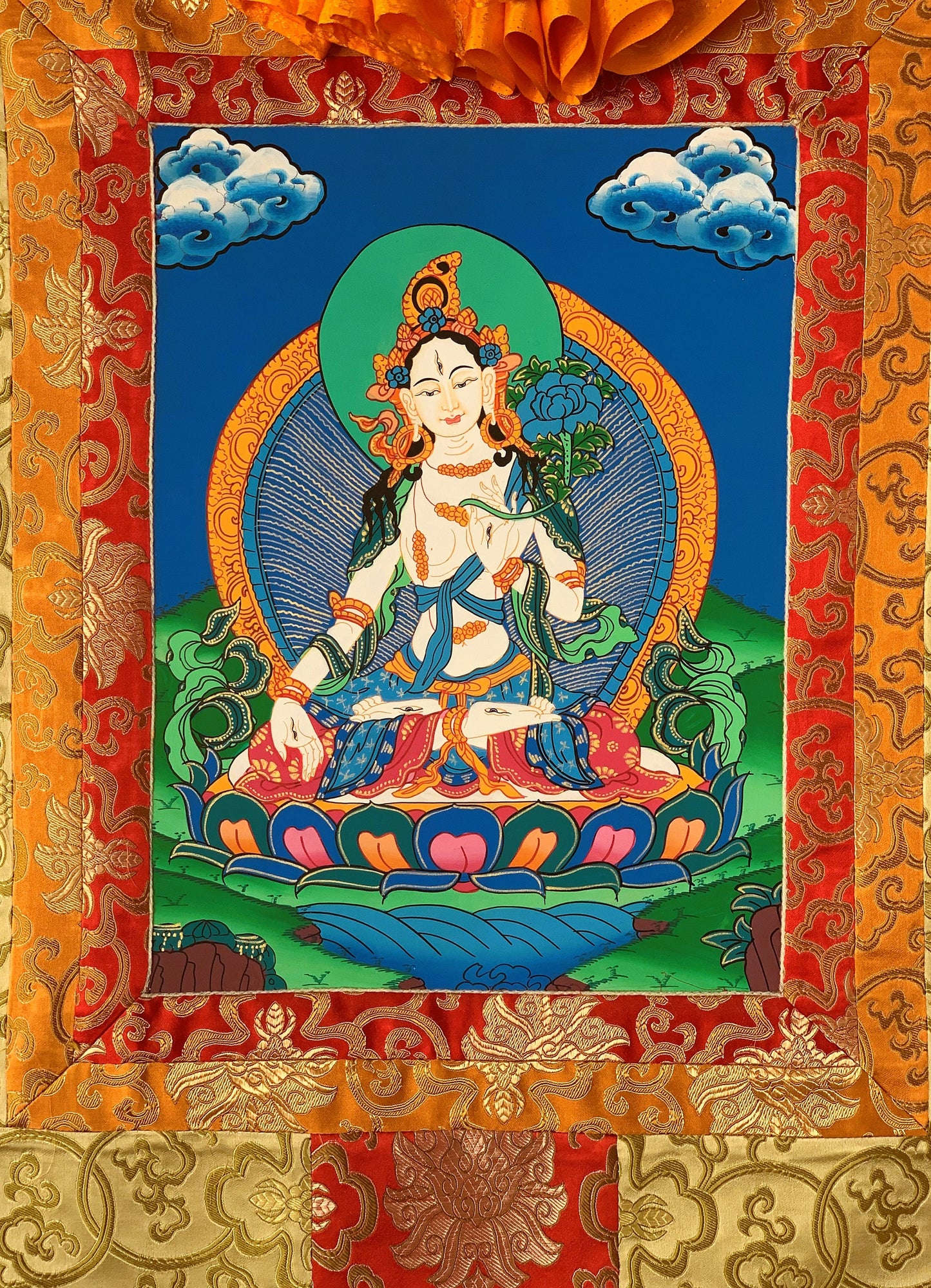Original Hand-Painted White Tara, Mother Tara Goddess Tibetan Thangka Painting with Silk Brocade