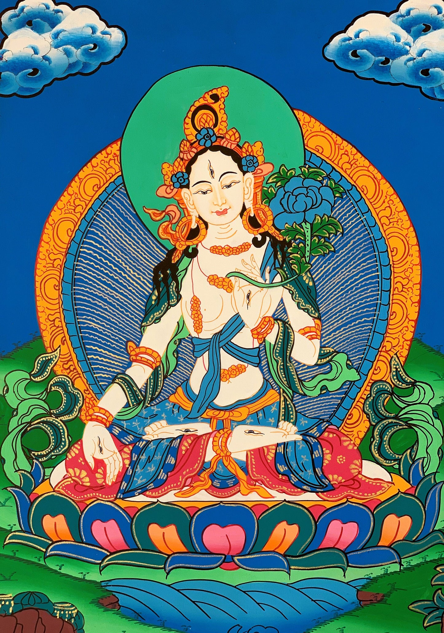 Original Hand-Painted White Tara, Mother Tara Goddess Tibetan Thangka Painting with Silk Brocade