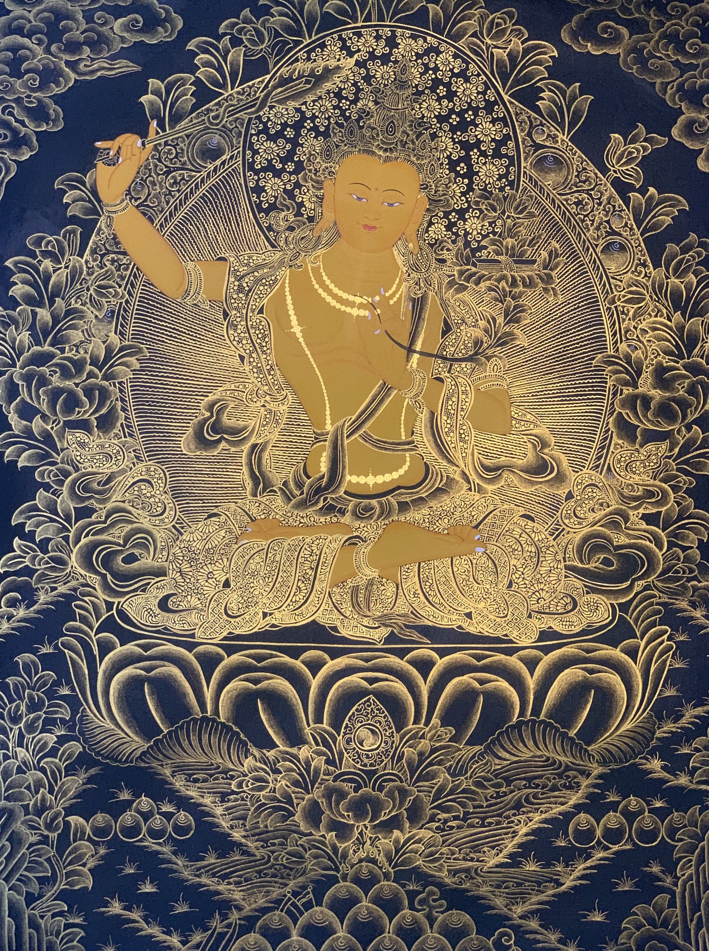 Original Hand Painted Manjushree / Jampelyang/ God Of Wisdom Tibetan Thanka / Thangka / Painting Compassion Meditation Art From Nepal