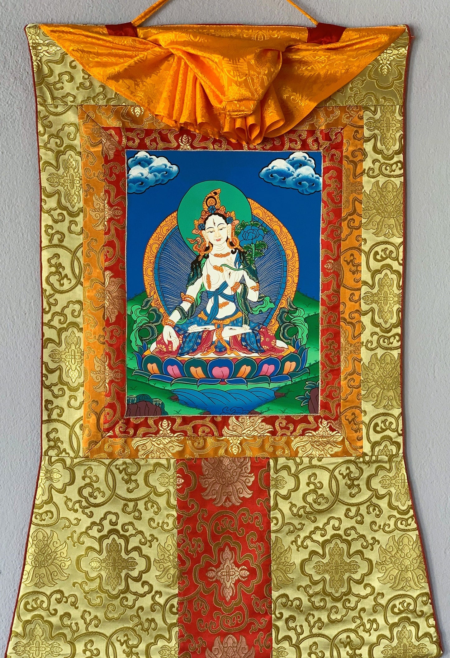 Original Hand-Painted White Tara, Mother Tara Goddess Tibetan Thangka Painting with Silk Brocade