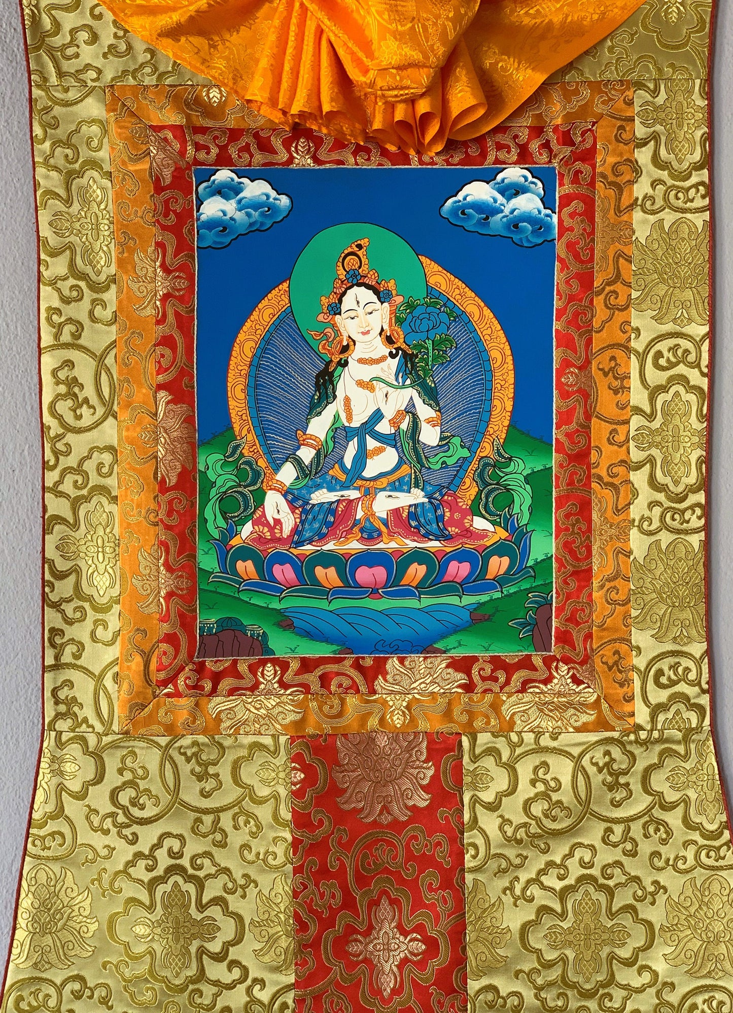 Original Hand-Painted White Tara, Mother Tara Goddess Tibetan Thangka Painting with Silk Brocade